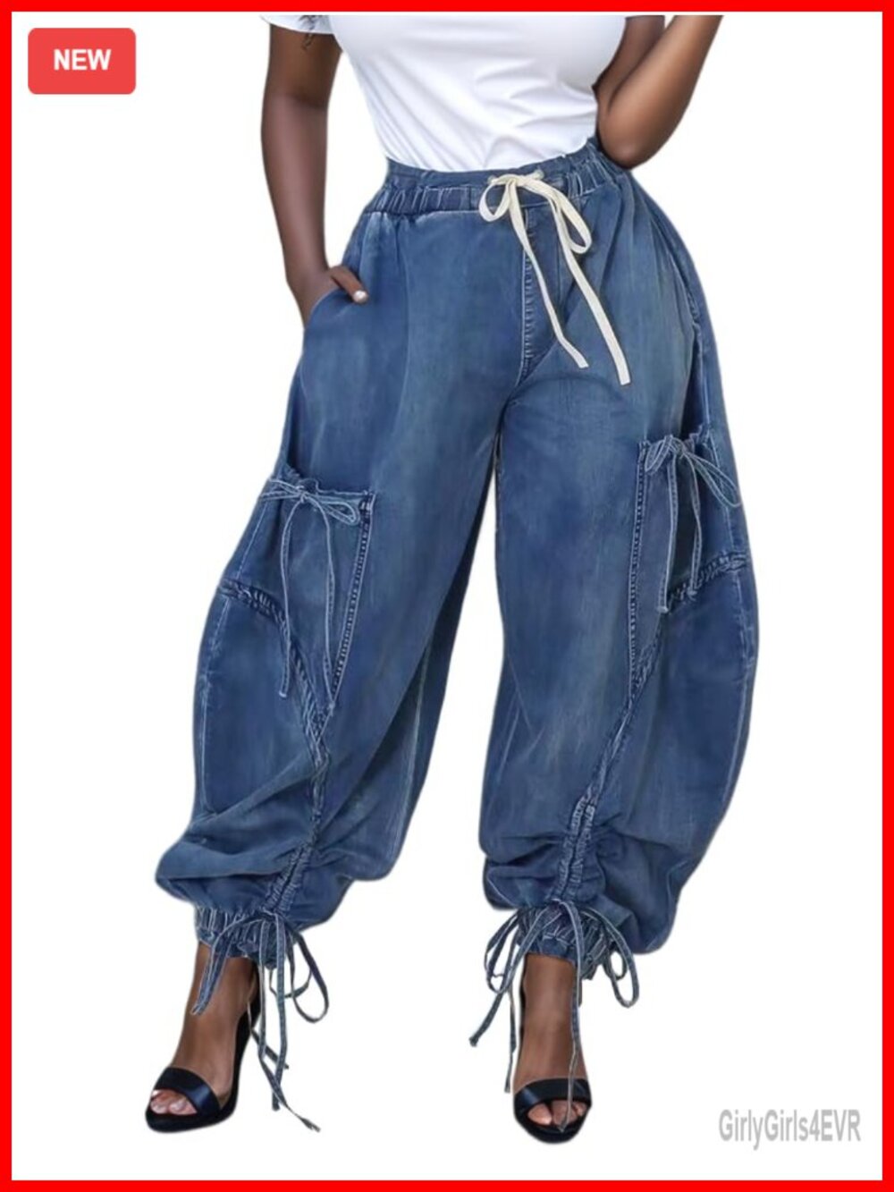 Baggy Barrel Leg Denim Cargo Jogger Drawstring Wide Leg Jeans